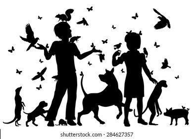 EPS8 editable vector silhouettes of a young boy and girl surrounded by animals with all figures as separate objects