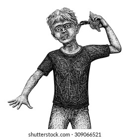 EPS8 editable vector sketch of a crab grabbing the ear of a young boy when he tries to listen to the sea in a shell