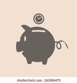 Eps8 vector illustration of dark grey brown pink piggy bank with coin clock Isolated on light gray background. Time is money concept, wealth simbol.  Business flat Icon of piggy. Vector Pictogram. 