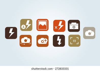 Eps8 vector illustration set of green brown orange smart phone photo camera pictogram button icon sign symbols for picture applications isolated on light blue background wall No transparencies applied