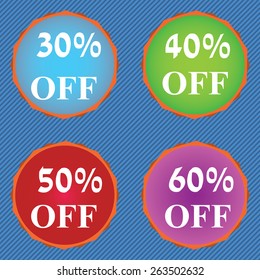 Eps8 vector illustration of simple colorful red, magenta, green, blue clearance sale stickers icon pictograms isolated on blue background for your store, web shop. No transparencies. Gradients applied