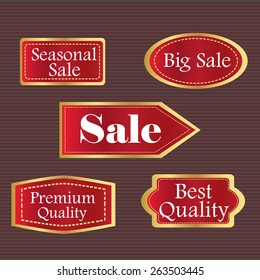Eps8 vector illustration of simple colorful red clearance sale Seasonal big sale premium best quality stickers icon pictograms isolated on brown background for your store web shop. No transparencies.