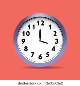 Eps8 vector illustration of simple realistic blue white color clock icon isolated on red background for your website with shadow. No transparencies. Gradients applied. Time is running business concept