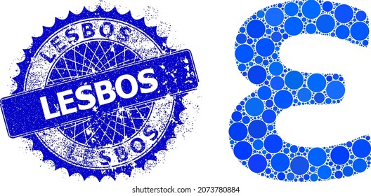 Epsilon Símbolos Griegos en minúsculas mosaico vectorial de puntos redondos de tamaños variables y tonos azules, y sello de Lesbos de socorro. El sello de rosette azul redondo y agudo contiene el título de Lesbos en su interior.