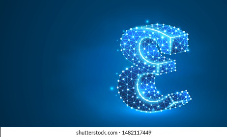 Epsilon, the letter of a Greek alphabet. Greek numerals, mathematical number five concept. Abstract, digital, wireframe, low poly mesh, vector blue neon 3d illustration. Triangle, line dot