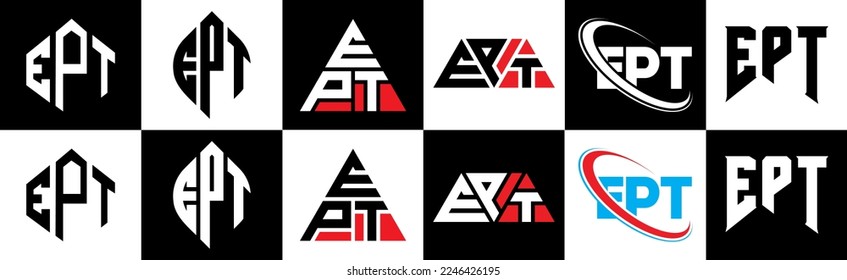 Design des EPT-Briefes-Logos in sechs Stilen. EPT Polygon, Kreis, Dreieck, Hexagon, flacher und einfacher Stil mit schwarz-weißem Farbänderungslogo in einer Zeichenfläche. EPT minimalistisches und klassisches Logo