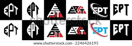 EPT letter logo design in six style. EPT polygon, circle, triangle, hexagon, flat and simple style with black and white color variation letter logo set in one artboard. EPT minimalist and classic logo