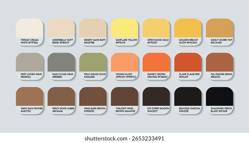 Epthianura aurifrons Color Palette. Epthianura aurifrons color Tone Swatch Chart with HEX Codes and Color Names. Orange chat Feather and Body Tones Variants. yellow gold lovely Colors Palette vector