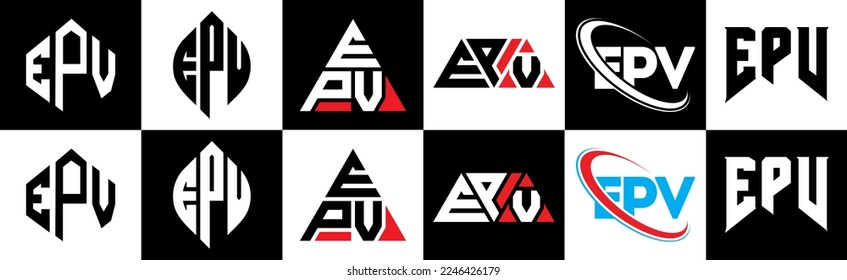 EPV letter logo design in six style. EPV polygon, circle, triangle, hexagon, flat and simple style with black and white color variation letter logo set in one artboard. EPV minimalist and classic logo
