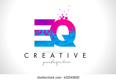 EQ E Q Letter Logo with Broken Shattered Blue Pink Triangles Texture Design Vector Illustration.