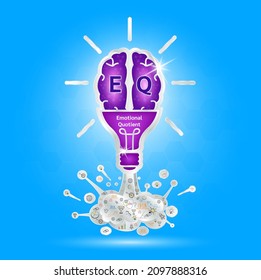 EQ Emotional intelligence. Heart and brain on balanced scale symbol. Emotional Quotient of a child. Design logo products in the form of the brain, light bulb purple on a blue background. Vector EPS10.