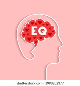 EQ, emotional intelligence and quotient concept with head, brain and heart shape silhouette. Human mind, red hearts and profile face outline in papercut art. Word lettering typography.