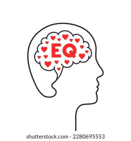 EQ, emotional intelligence and quotient concept. Head, brain and heart shape silhouette. Human mind, red hearts and profile face outline. Vector illustration isolated on white background.