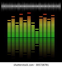 Eq, equalizer scale with reflection and chart, 2d vector on dark background, eps 10