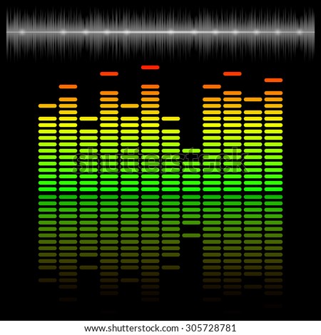 Eq, equalizer scale with reflection and chart, 2d vector on dark background, eps 10