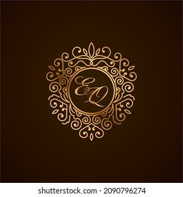 EQ Anfangsbuchstaben Luxus-Monogramm-Logo, eleganter orangefarbener Schmuck, Emblem der Liebe Herz