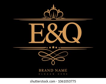 E&Q Initial logo, Ampersand initial logo gold with crown and classic pattern