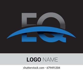 EQ initial logo company name colored grey and blue swoosh design.