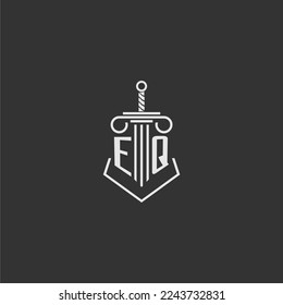 EQ initial monogram law firm with sword and pillar logo design