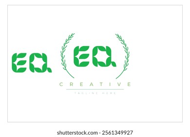 EQ letters eco logo with leaf. Fresh nature and healthy leaf logo design.