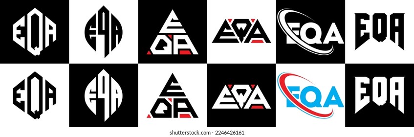 EQA letter logo design in six style. EQA polygon, circle, triangle, hexagon, flat and simple style with black and white color variation letter logo set in one artboard. EQA minimalist and classic logo