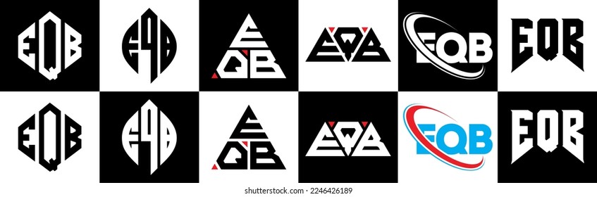 EQB letter logo design in six style. EQB polygon, circle, triangle, hexagon, flat and simple style with black and white color variation letter logo set in one artboard. EQB minimalist and classic logo
