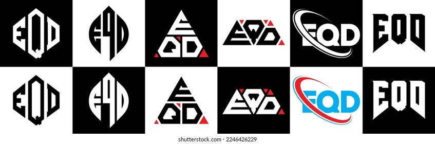 Diseño del logo de la carta EQD en seis estilos. Polígono, círculo, triángulo, hexágono, de estilo plano y sencillo con el logotipo de la letra de variación en color blanco y negro en un tablero de dibujo. Logo minimalista y clásico de EQD