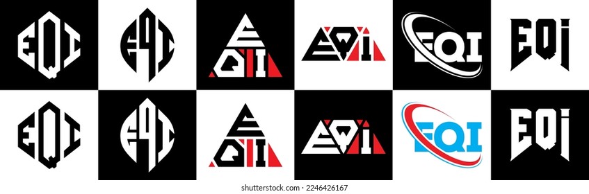 Diseño del logo de la carta EQI en seis estilos. Polígono EQI, círculo, triángulo, hexágono, de estilo plano y sencillo con el logotipo de la letra de variación en color blanco y negro en un tablero. Logo minimalista y clásico de EQI