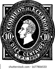 Equador Envelope (10 centavos) from 1893, a small adhesive piece of paper stuck to something to show an amount of money paid, mainly a postage stamp, vintage line drawing or engraving illustration.