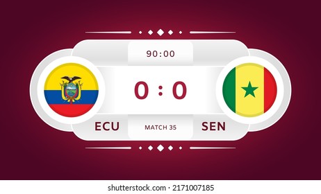 Equador vs Senegal 2022 Elementos De Diseño De Partidos. Infografía De La Competencia Del Campeonato De Fútbol. Anuncio, Puntuación de juego, Plantilla de marcador. Ilustración vectorial