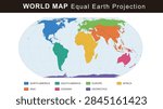 Equal Earth projection world map, continents color coded with legend, vector
