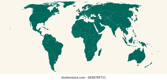 Equal Earth projection world map with country borders, teal continents, white borders at hairline weight, cream ocean. Equal-area political world map illustration.