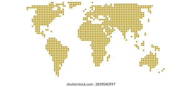 Equal Earth projection world map built from gold extra large squares on white, no borders. Pixel style square dot world map illustration for infographics.