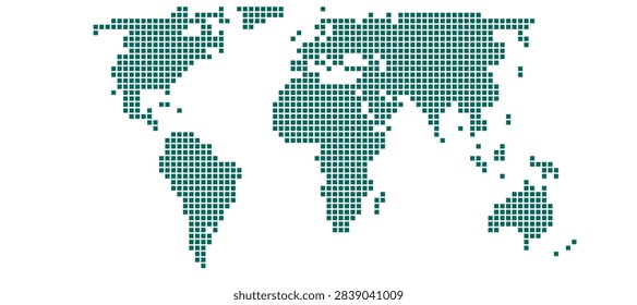 Equal Earth projection world map built from teal extra large squares on white, no borders. Pixel style square dot world map illustration for infographics.