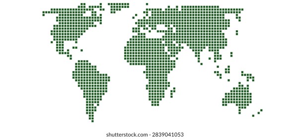 Equal Earth projection world map built from forest green extra large squares on white, no borders. Pixel style square dot world map illustration for infographics.