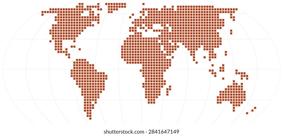 Equal Earth projection world map built from burnt orange extra large squares with a 30 degree graticule grid on white, no borders. Pixel style square dot world map.