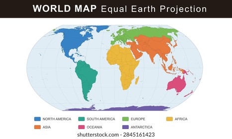 Equal Earth projection world map, continents color coded with legend, vector