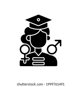 Equal education opportunities black glyph icon. Feminism movement. Establishing social justice. Expansion of the rights of women. Silhouette symbol on white space. Vector isolated illustration