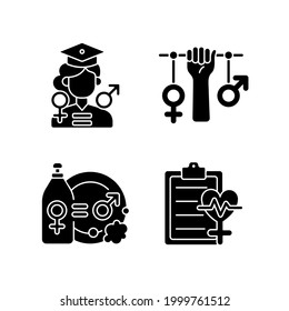 Equal education opportunities black glyph icons set on white space. Division of domestic labour. Struggle for women rights. Feminism. Silhouette symbols. Vector isolated illustration