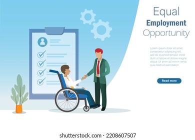 Equal employment opportunity and break the bias concept. Businessman handshake to hiring man on wheelchair to company.