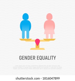 Icono de la línea delgada de igualdad de género en el empleo. Derecho de la mujer, emancipación. Las mujeres y los hombres son iguales. Ilustración vectorial moderna.