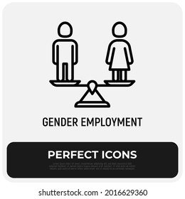 Equal gender employment thin line icon, woman and man on the scales are equal. Gender equality. Vector illustration.