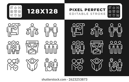 Equal human rights pixel perfect line black and white line icons set. Protecting people in various life situations. Law and justice. Outline iconset. Isolated monochrome illustrations. Editable stroke