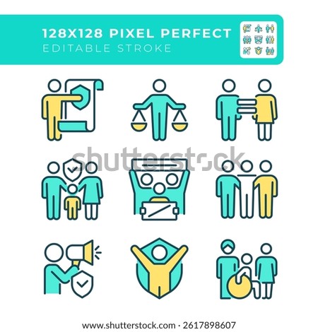 Equal human rights pixel perfect line color icons set. Protecting people in various life situations. Law and justice. Vector illustrations. Simple flat colorful symbols collection. Editable stroke
