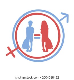 Equal opportunities in education for pupils boys and girls, schoolchildren with schoolbags silhouettes on background of man and woman symbols, gender equality concept vecor illustration