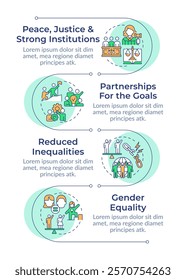 Equal opportunities infographic vertical sequence. Gender equality, social justice. Visualization infochart with 4 steps. Circles workflow