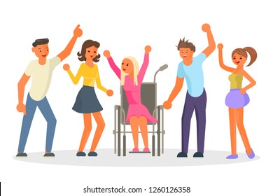 Equal opportunity Happy group of students. Young people, wheelchair disabled girl in flat design isolated on white background. Vector illustration eps 10.