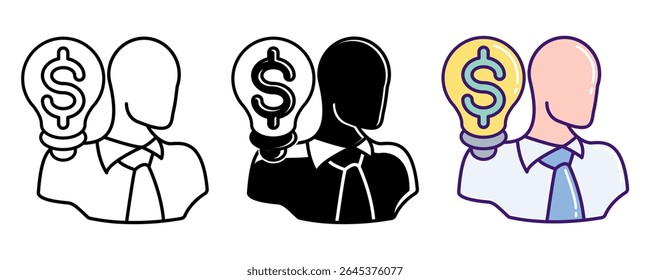 Equal Opportunity icon represented by bulb, dollar, employee Line, Filled, Color style.