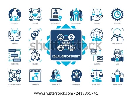Equal Opportunity icon set. Ethnicity, Human Rights, Discrimination, Sex, Human Race, Social Justice, Fairness, Opportunities. Duotone color solid icons