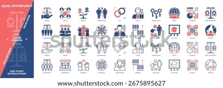 Equal Opportunity icon set. Ethnicity, Human Rights, Discrimination, Sex, Human Race, Religion, Society, Barriers. Duotone color solid and editable outline icons